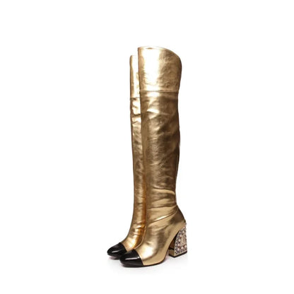 Colored Rhinestone Cowhide Mid Tube/knee Length Boots Thick Heeled Square Toe Black Gold Runway Runway Performance High Heels