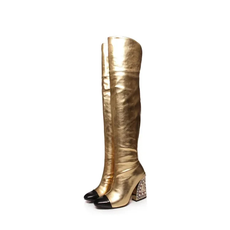 Colored Rhinestone Cowhide Mid Tube/knee Length Boots Thick Heeled Square Toe Black Gold Runway Runway Performance High Heels
