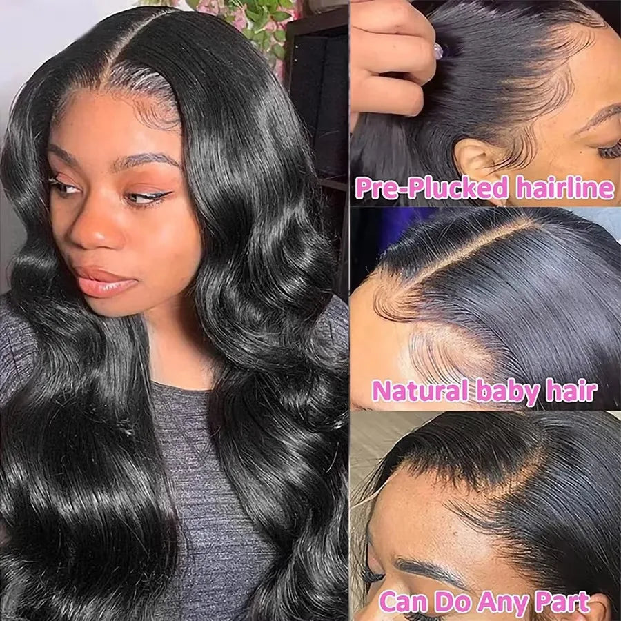 180% Density Natural Black Body Wave Human Hair Wigs HD Transparent Lace Frontal Wig Pre-Plucked Bleached Knots Lace...