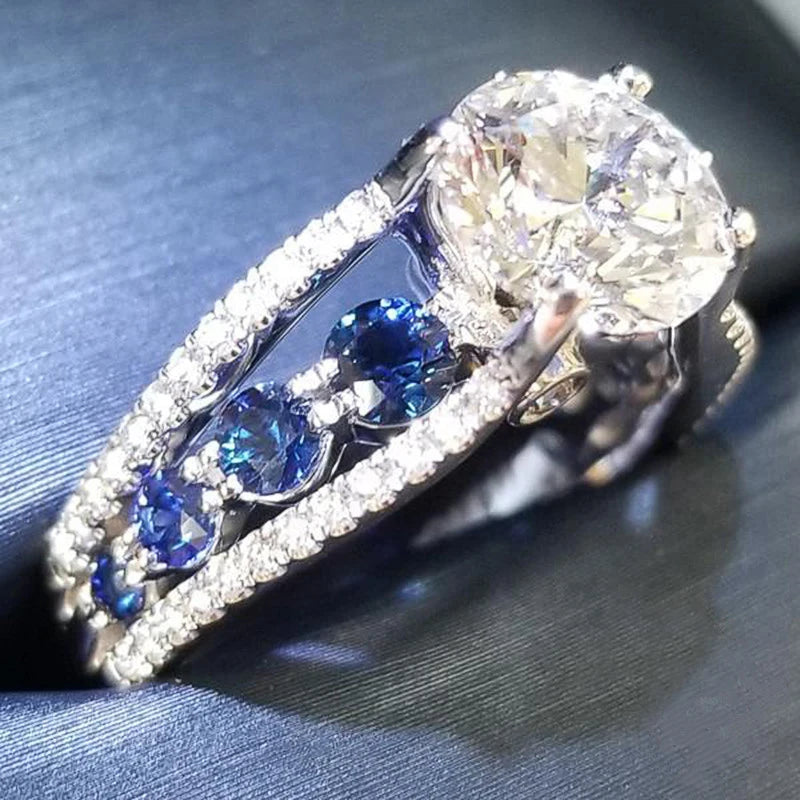 CAOSHI Luxury Blue Crystal Stone Rings with Tiny Flower Cubic Zirconia Pretty Women's Jewelry Elegant Engagement Accessories