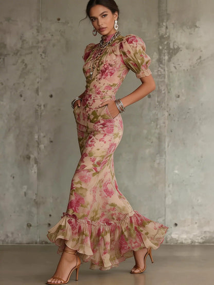 Sexy Bodycon Floral Long Dresses For Women Summer 2026 Fashion Short Sleeve O-neck Slim Maxi Dresses Elegant | Kimlud...