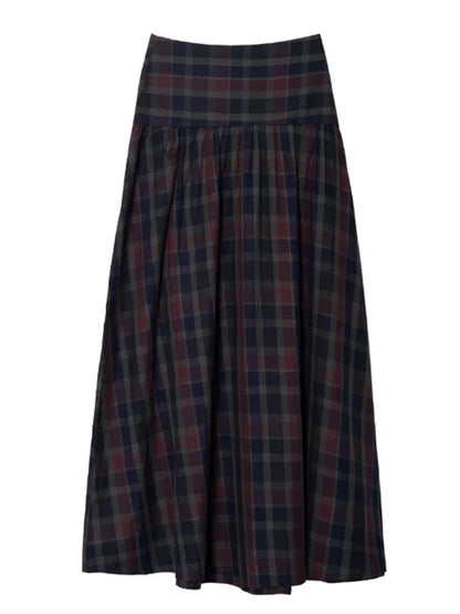 Casual Lace Up Pleated Checkered Set Women Elegant Full Lantern Sleeve Coat Long Skirt Sets Lady Daily Commute Office outfits