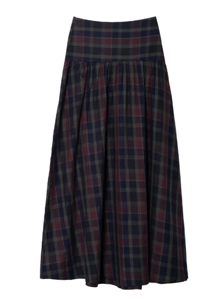 Casual Lace Up Pleated Checkered Set Women Elegant Full Lantern Sleeve Coat Long Skirt Sets Lady Daily Commute Office outfits