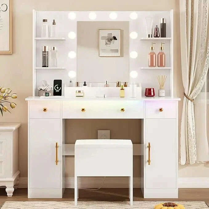 Vanity Desk with Mirror and Lights,Pink Makeup Vanity with Charging Station & Vanity Stool, 3 Drawers and Cabinets White Vanity
