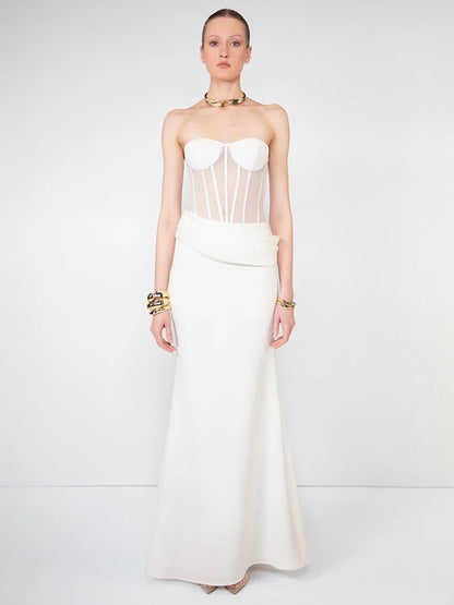 Sexy Women Two Piece Set Mesh Patchwoek Strapless Crop Top + Pleated Folds Slim Long Skirts Women's Sets Evening Party...