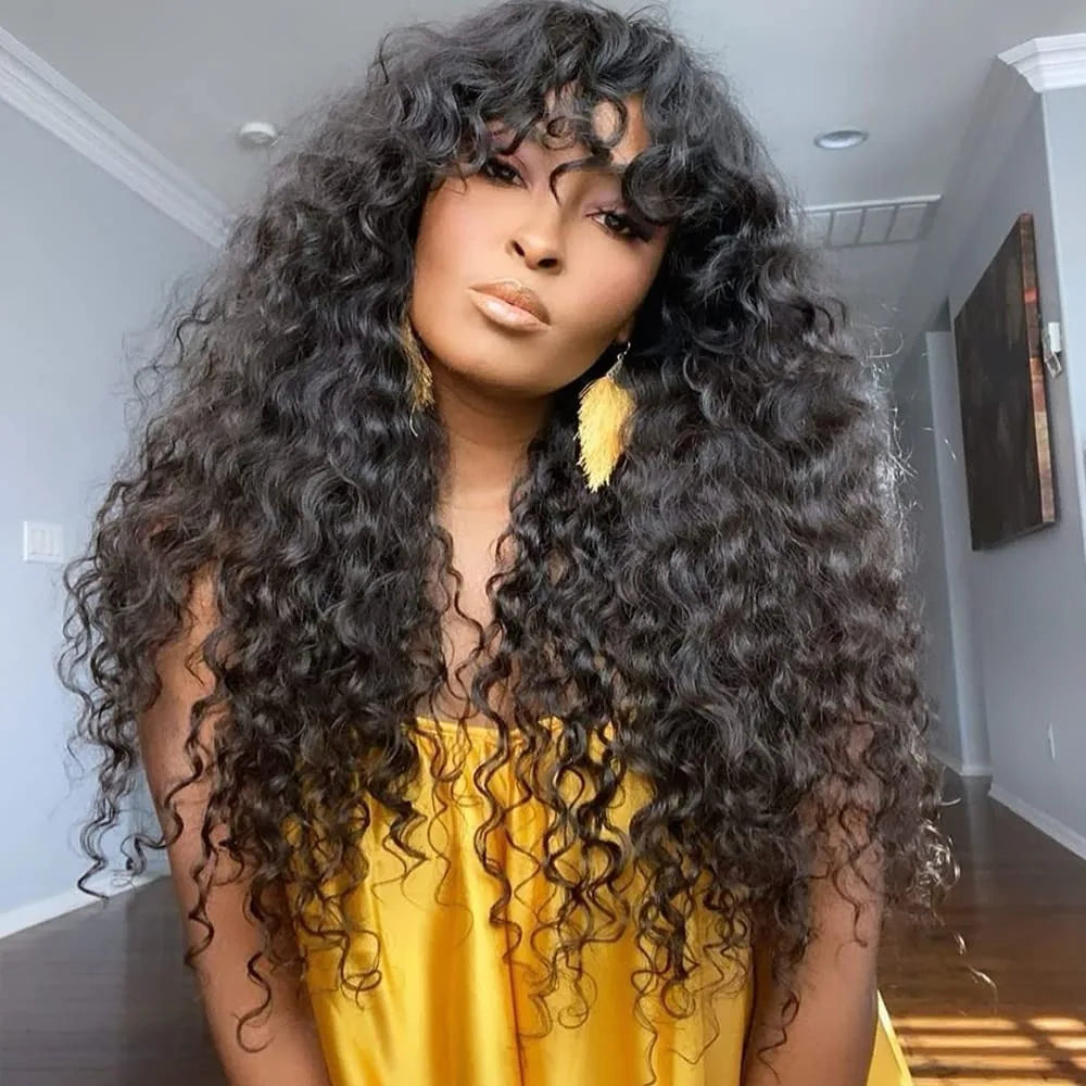 Curly Wig with Bangs Human Hair 180% Density Brazilian Virgin Deep Wave Wig Full Machine Made Glueless Bang Wigs for Black Women