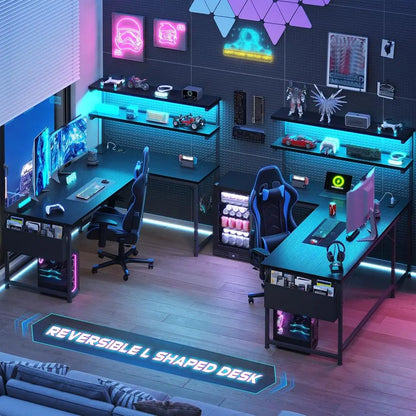 LED-lit 43.3 L-Shaped Gaming Desk with Power Outlet, Storage, and Hook for Home or Office | Kimlud Luxury Home