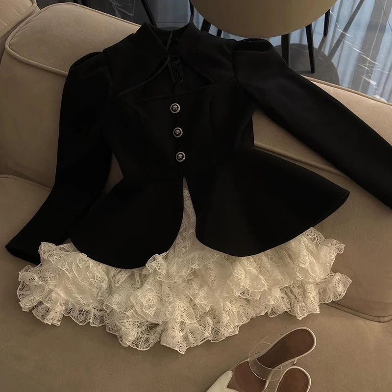 Sexy Blazer Skirt Women Set Lace Up Button Black Jacket Cascading Ruffle Pleated Skirts 2026 Spring Summer Urban Lady Outfit New - Kimlud