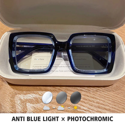 BLMUSA Square Photochromic Blue Light Blocking Large Frame Eyeglasses fashion Reading Glasses ladies Prescription Myopia Glasses - Kimlud