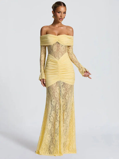 GACVGA Elegant Mesh Lace Patchwork Bodycon Maxi Dress for Women Summer Sexy Off-Shoulder Sheer Party Club Evening Long Dress