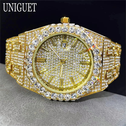 UNIGUET Fashion Iced Out Silver Mens Watch Luxury Calendar Waterproof Watch For Man Hip Hop High Quality Big Diamond Wristwatch