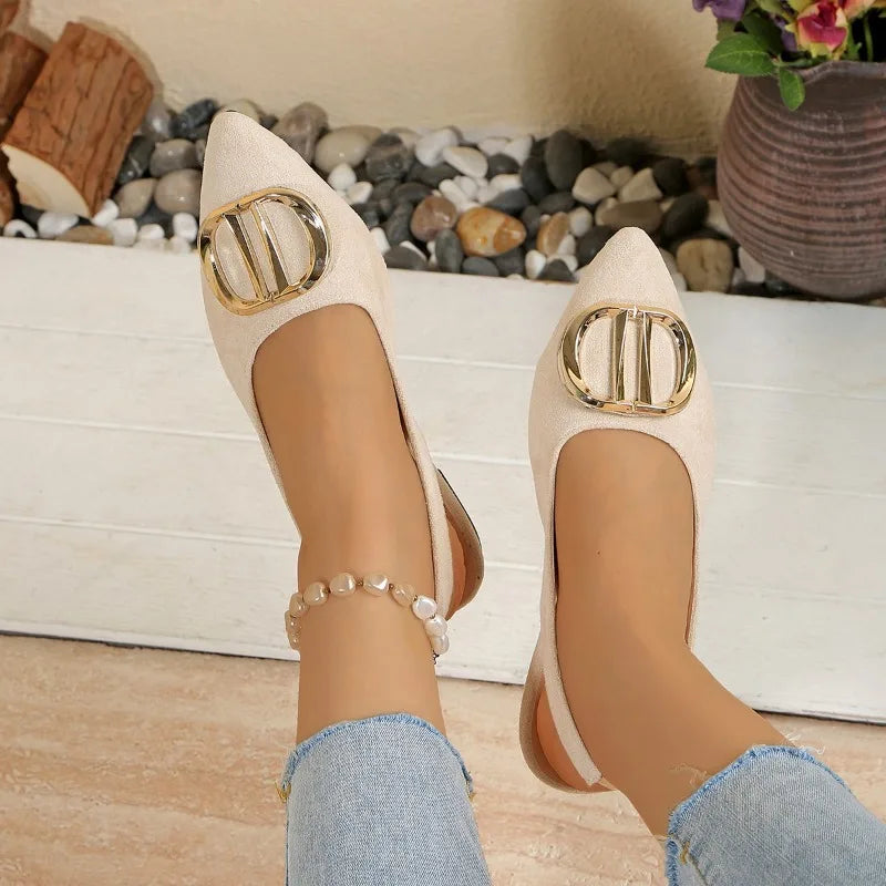 French Pointed-toe Metal Flat Shoes Baotou Sandals Shallow-mouth Single Shoes Foreign-style Explosive Internet Celebrity