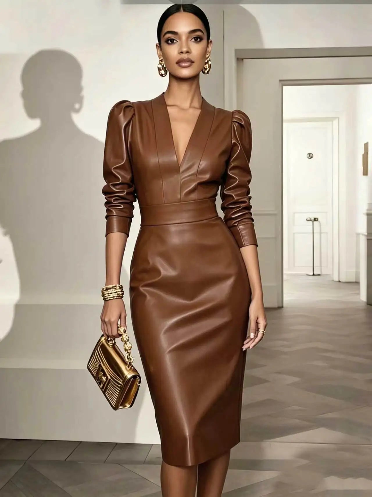 V Neck PU Leather Midi Dress Women Long Sleeve Bodycon Sheath Evening Party Dress | Kimlud Premium Dress