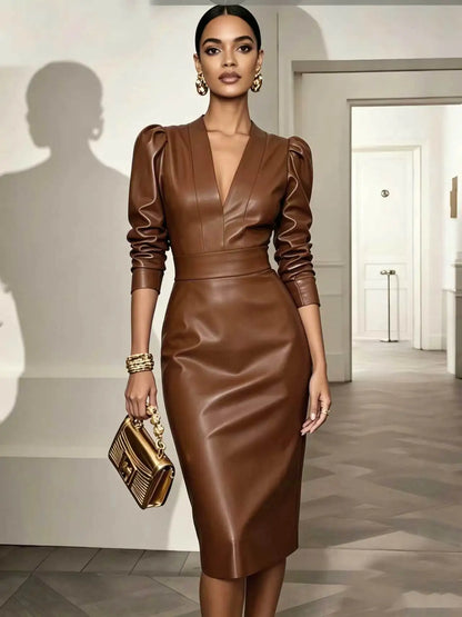 V Neck PU Leather Midi Dress Women Long Sleeve Bodycon Sheath Evening Party Dress | Kimlud Premium Dress