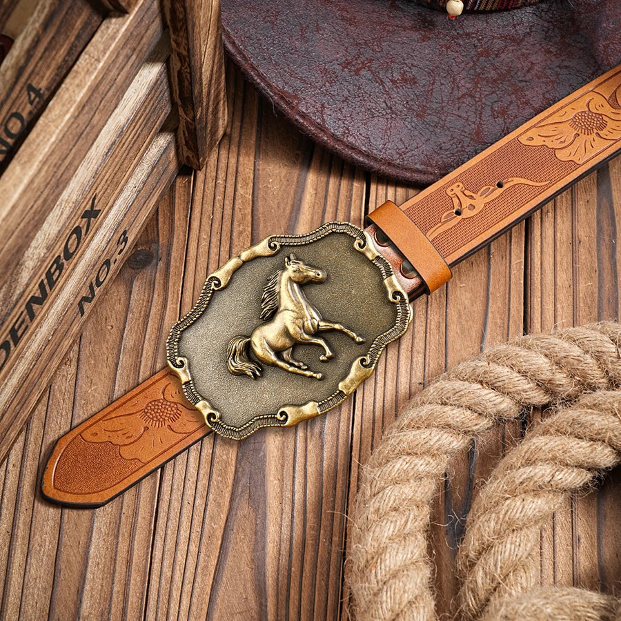 Golden Galloping Horse Belt Exquisite Carved Large Plate Buckle Alloy Buckle for Both Men and Women - Irregular Pattern...