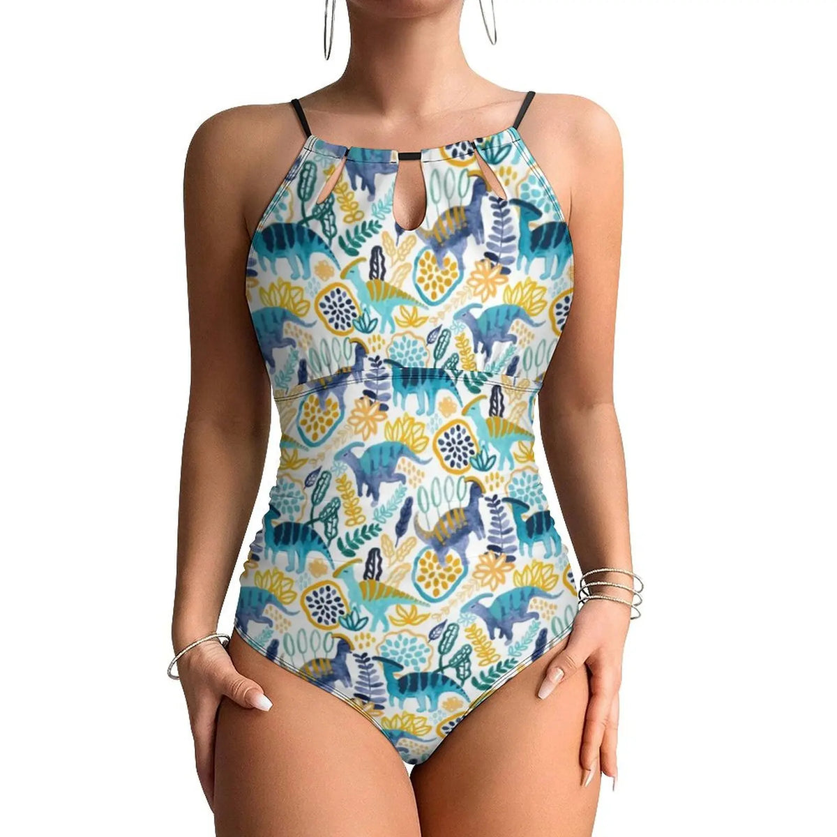 Botanical With Dinosaurs Swimsuit Dinosaur Quirky Soft Pastels Floral Swimwear Holiday Swimsuits Halter Bathing Suit |...