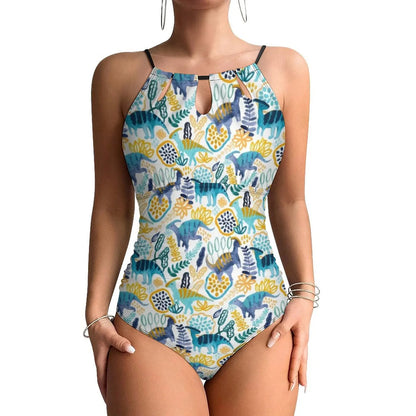 Botanical With Dinosaurs Swimsuit Dinosaur Quirky Soft Pastels Floral Swimwear Holiday Swimsuits Halter Bathing Suit |...
