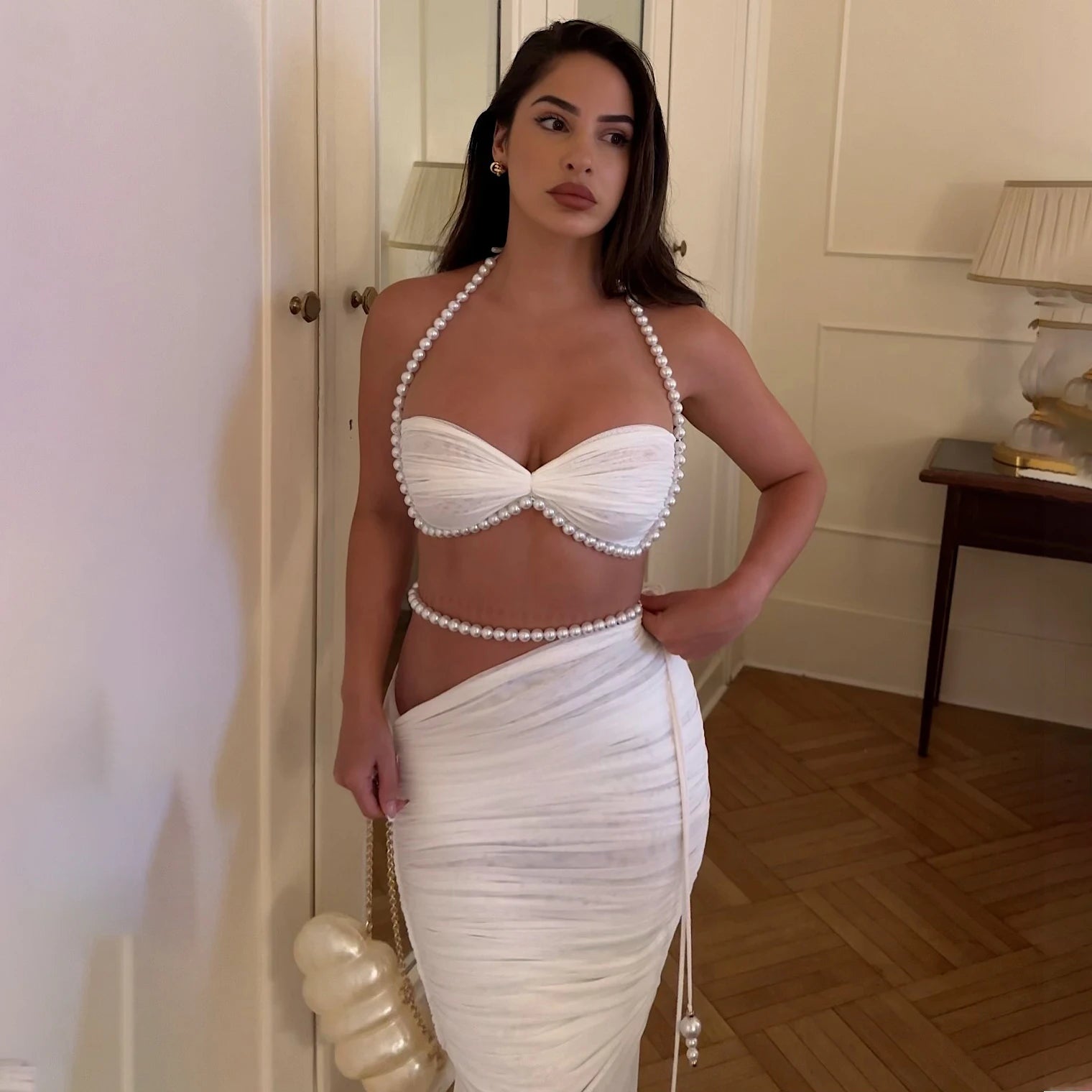 Pearl 3Pcs Bikini Set 2025 Bandeau Biquini Women Sexy Swimsuit Push Up Swimwear Female Mesh Skirt White Bathing Suit Beachwear - Kimlud