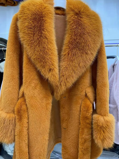 Luxury Vintage Faux Fur Coat Women Fur Collar Long Sleeve with Belt Oversized Fur Jacket Warm Thick Winter Cardigan Lady's Coats