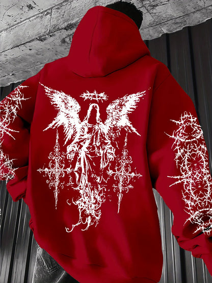 Men's Angel-themed graffiti thorn print streetwear hip-hop punk style hooded sweatshirt regular fit version sweatshirt hoodie