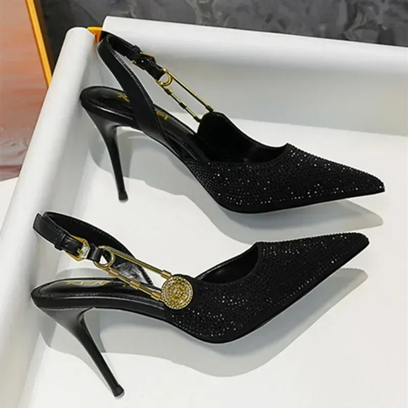 Luxury Rhinestones Sexy High Heels Women Pointed Toe Sandal Elegant Ladies Metal Buckle Fashion Design Banquet Dress Shoes Pumps