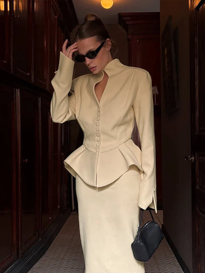 Weird Puss Elegant Office 2-Piece Set Women Classic Autumn trend Single Breasted Ruffled Jacket+Peach Hip Mid Skirt Slim Outfits