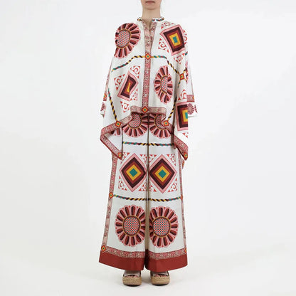 2 Piece Sets Fashion Women's Irregular Geometric Print Pants Sets Long Sleeve Shirts And Wide Leg Pants Stylish Streetwear Suit
