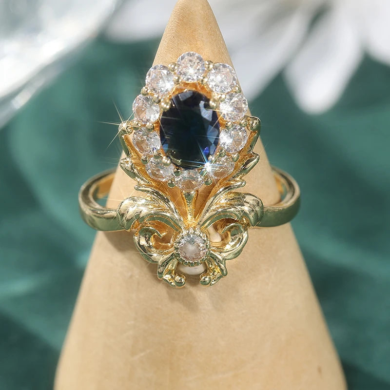 Gorgeous Palace Style Inlaid Synthetic Zirconia Golden Plated Ring for Women Vintage Elegant Banquet Festival Jewelry...