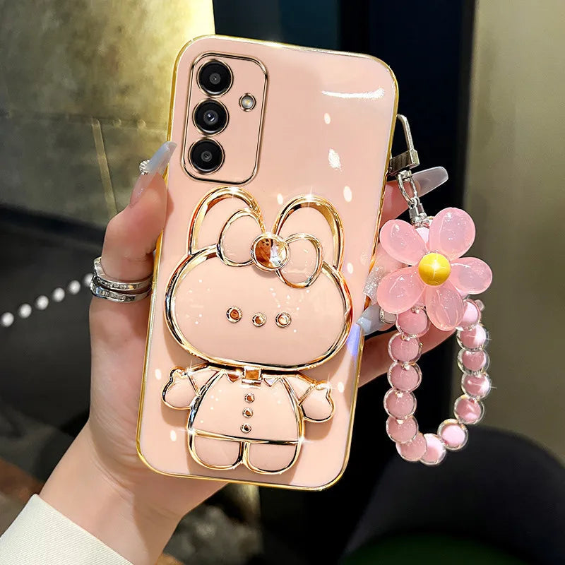 3D Rabbit KickStand Electroplated Soft Wrist Flower Phone Case For Samsung Galaxy S25 Ultra S24 Plus S23 S22 A16 A56 A26 Cover - Kimlud