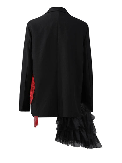 [EAM] Women Black Mesh Irregular Fish Spliced Big Size Blazer New Lapel Long Sleeve Jacket Fashion Spring Autumn 2025...