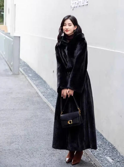 Women Thick Maxi Jacket Y2k Autumn Winter Belt Faux Fur Maxi Coat Long Warm Luxury Belt Fur Black Parkas Bontjas Furry Outerwear