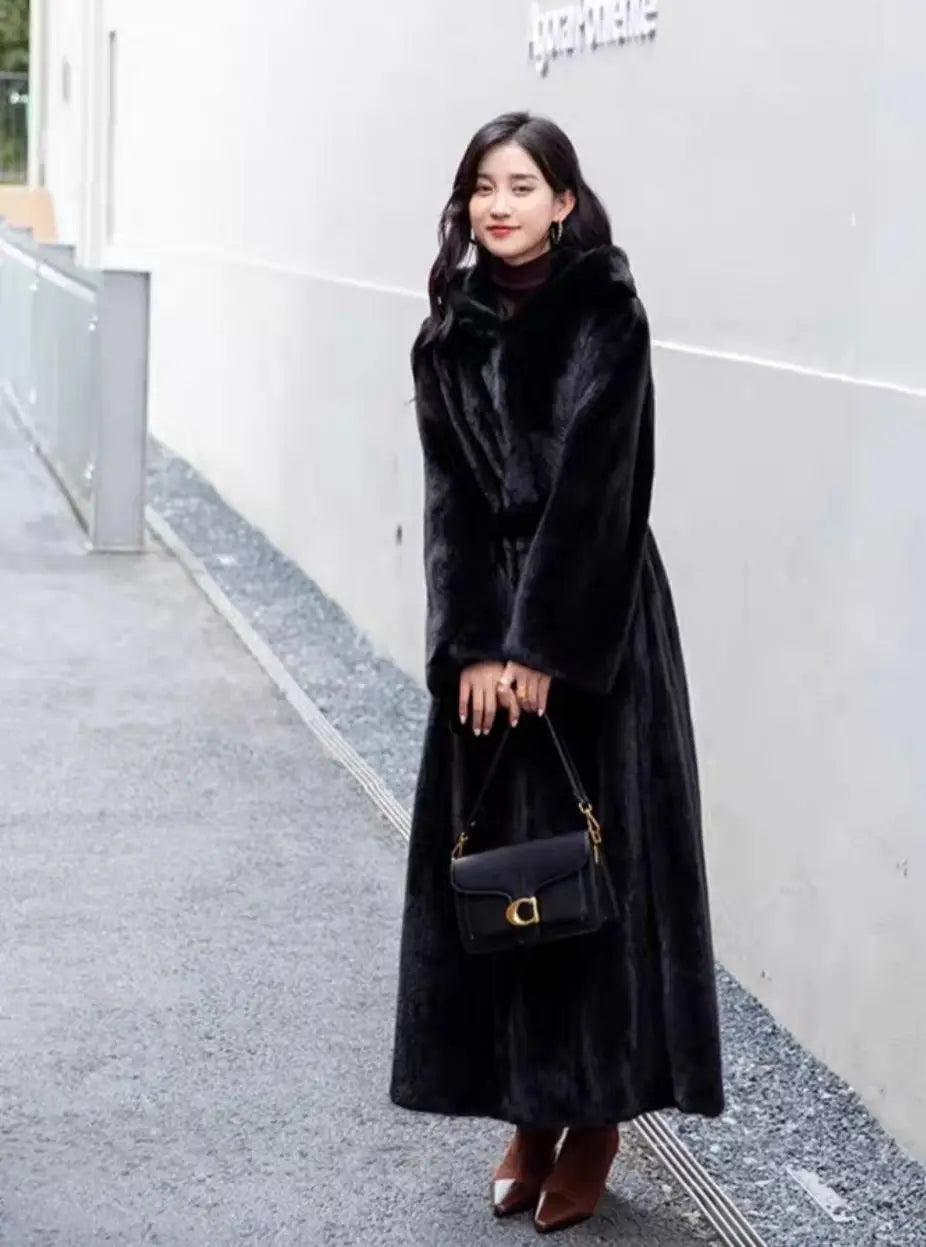 Women Thick Maxi Jacket Y2k Autumn Winter Belt Faux Fur Maxi Coat Long Warm Luxury Belt Fur Black Parkas Bontjas Furry Outerwear