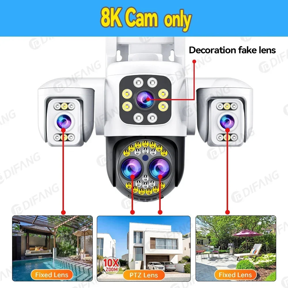 8K 16MP CCTV Wireless WiFi IP Camera Outdoor Four Lens Triple Screen Video Surveillance PTZ Yoosee Onvif  Home Security Camera