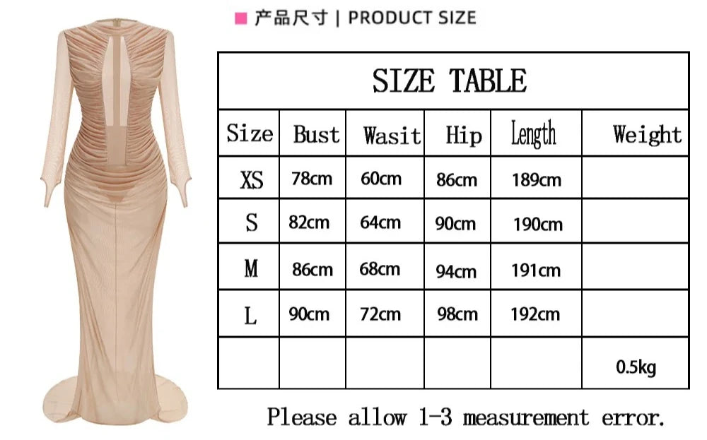 Sexy Long Sleeve Tulle Sheer Gathered Maxi Dress for Women Beige O Neck Mesh Folds See Though Slim Runway Evening Party...