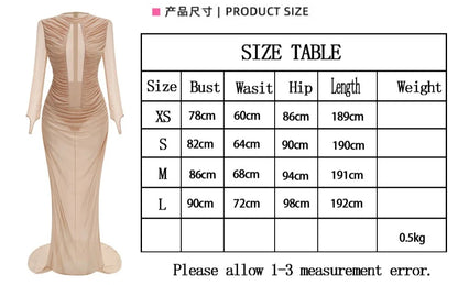 Sexy Long Sleeve Tulle Sheer Gathered Maxi Dress for Women Beige O Neck Mesh Folds See Though Slim Runway Evening Party...