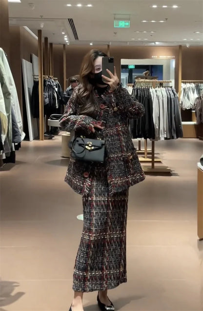 Winter new women fashion high-end temperament coarse weave small fragrance style coat+half skirt elegant two piece set |...