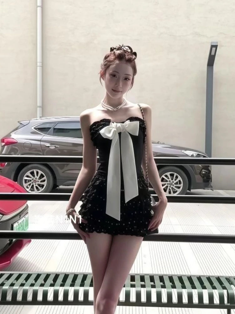 New Summer Sexy Bow Elegant 2 Piece Set Women Y2k Vintage Strapless Tops + Mini Skirt Harajuku Fashion Female Party Chic...