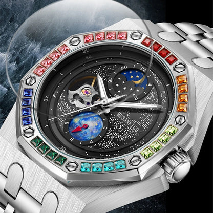 Men's fully automatic mechanical watch, night glow, sun, moon, stars, hollowed out men's watc father's day gift