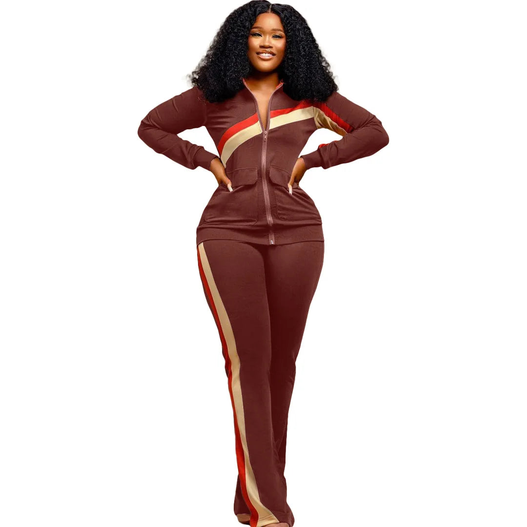 Custom LOGO Spring  Women's Sports Casual Fashion Color-matching Pocket Lapel Zipper Top Straight Pants Two-piece Set S-4XL