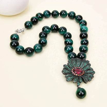 G-G 18" Natural Round Green Tiger Eye Necklace CZ Pave Flower Crystal Pendant Lady Party Gifts
