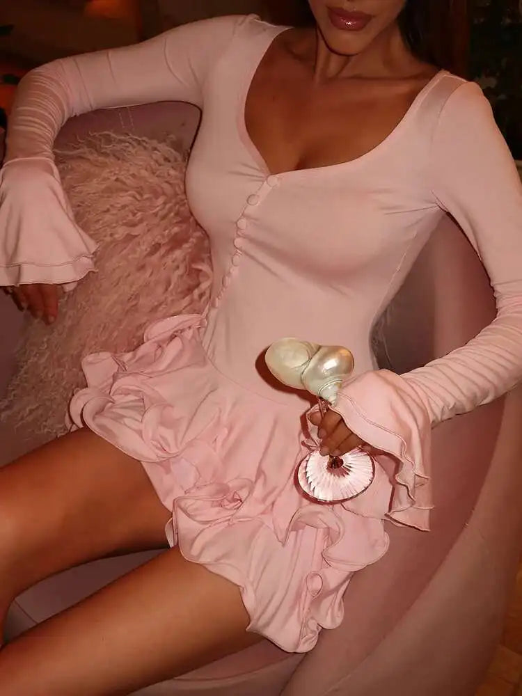 Blifanbo Flare Sleeve Ruffle Sexy V Neck Mini Dress Women Robe Irregular Single-breasted High Waist Slim A-line Club Dress