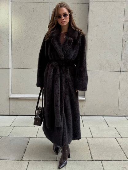 Tuularose Faux Fur Long Coat Women's Lace-up Thickened Long Fur Coat Jacket 2025 Winter Fluffy Plush Warm Lapel Vintage...