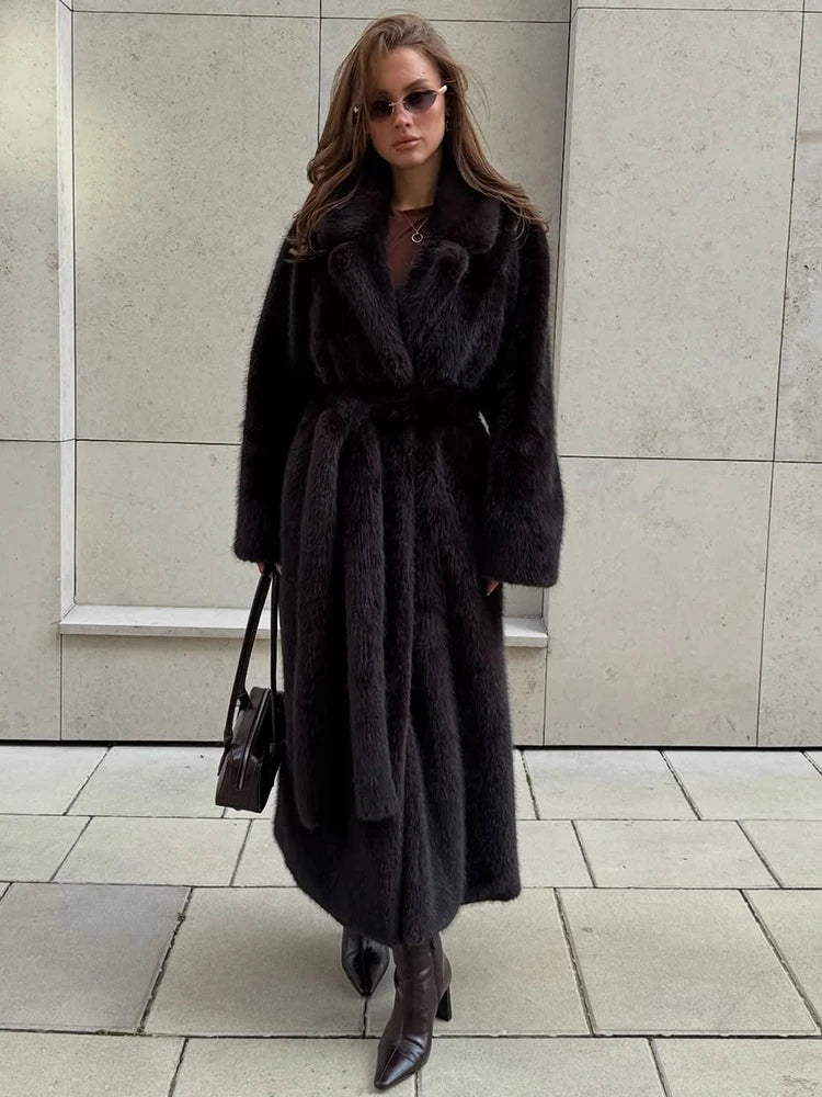 Tuularose Faux Fur Long Coat Women's Lace-up Thickened Long Fur Coat Jacket 2025 Winter Fluffy Plush Warm Lapel Vintage...