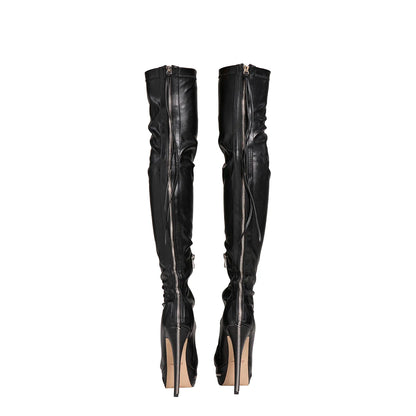 Sexy Women Elegant Pointed Toe Over The Knee High Boots Slim Stiletto Heels Platform Zipper Thigh High Party Evening Dress Shoes
