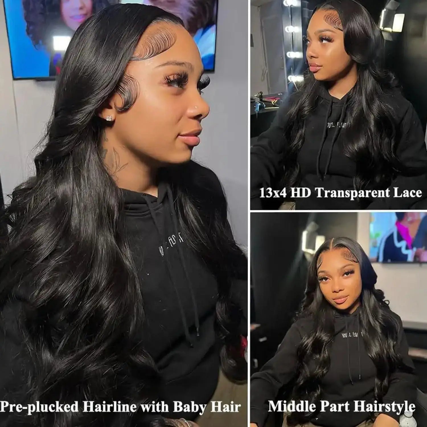 180% Density Natural Black Body Wave Human Hair Wigs HD Transparent Lace Frontal Wig Pre-Plucked Bleached Knots Lace...