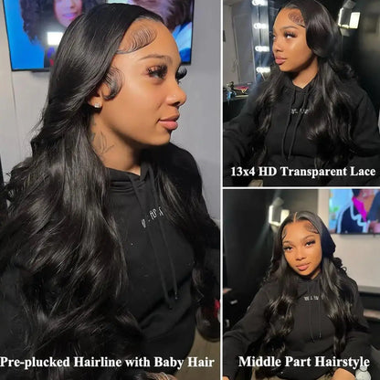 180% Density Natural Black Body Wave Human Hair Wigs HD Transparent Lace Frontal Wig Pre-Plucked Bleached Knots Lace...