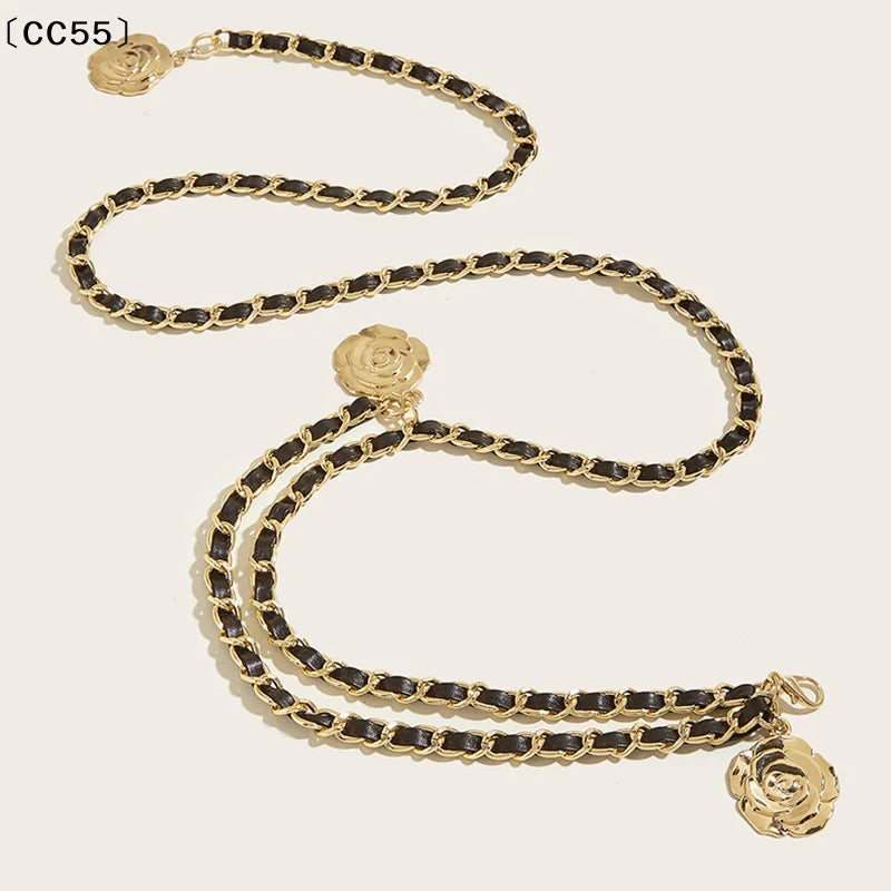 〔CC55〕Metal Waist Chain Belts Round Flower Pendant Chain Strap Rope Female Fine Waistband Dress Shirt Decora Waist...