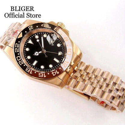 20ATM Waterproof 40mm Rose Gold NH34 GMT Automatic Watch For Men Steel Strap Ceramics Bezel Sapphire Glass Luminous