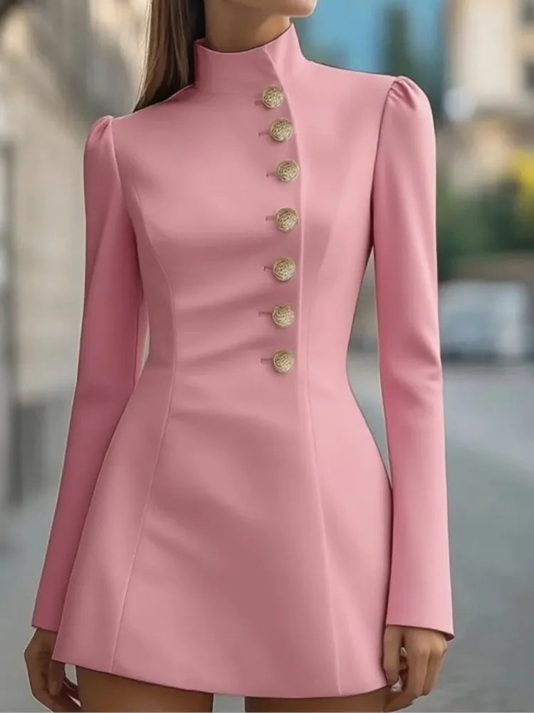 Spring Women's Elegant Stand Blazer Dress Fashion Single-breasted Solid Mini Dress Casual Long Sleeve Slim Party A-line Dresses