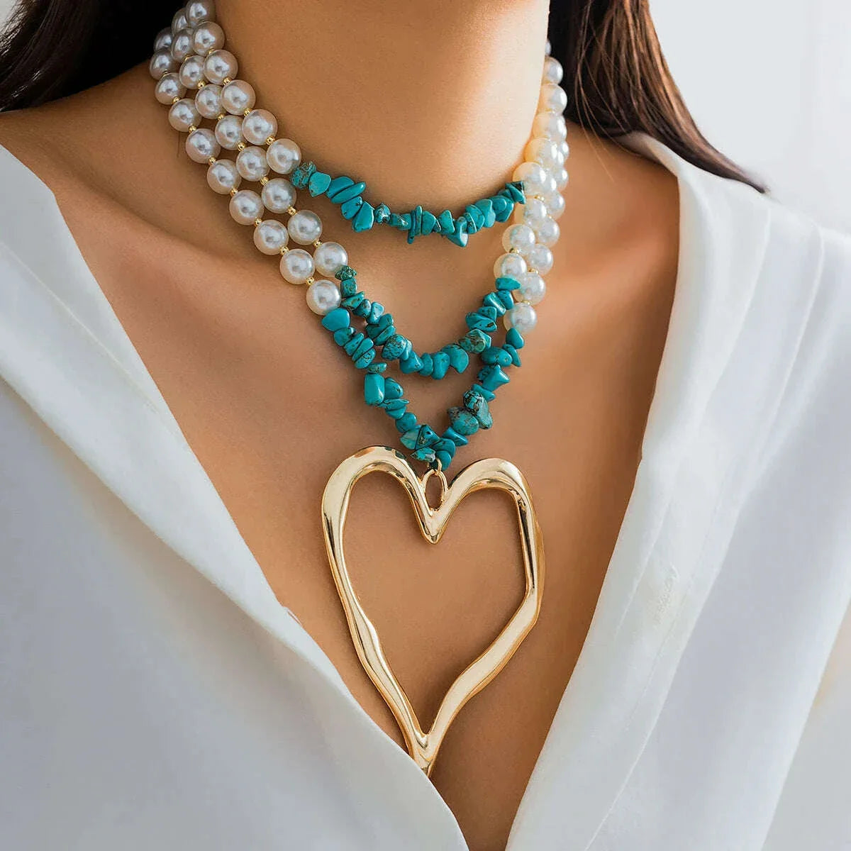 Punk Metal Big Heart Shaped Pendant Necklace Vintage Geometric Green Stone Imitation Pearl Chain Short Necklace Women's Jewelry